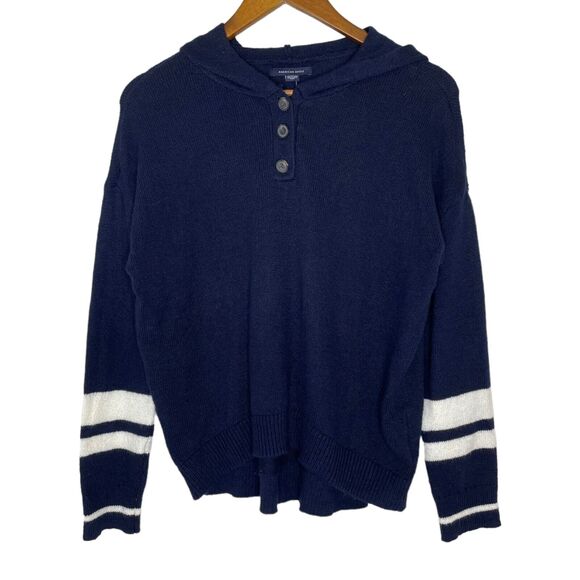 American Eagle Blue White Three Button Hooded Sweater Size XS Women’s NEW - Picture 1 of 7